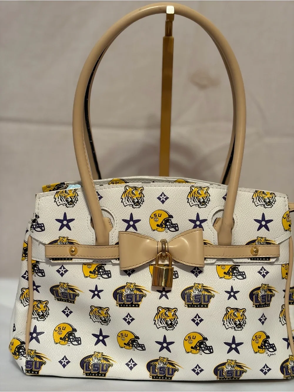 LSU Themed White & Tan Satchel Bag with Bow Accent & matching accessory pouch